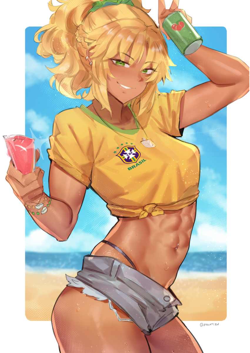 1girl abs absurdres beach blonde_hair blue_sky braid brazil brazilian_miku brazilian_miku_(cosplay) breasts cosplay deccatezu fate/apocrypha fate_(series) green_eyes grin guarana_antarctica hatsune_miku highres long_hair looking_at_viewer mordred_(fate) navel parted_bangs ponytail shirt shore short_sleeves shorts sidelocks sky small_breasts smile solo tan vocaloid yellow_shirt