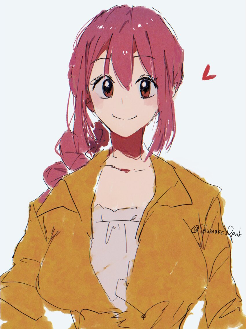 1girl breasts coat commentary_request heart highres large_breasts looking_at_viewer one_piece pink_hair ponytail rebecca_(one_piece) sidelocks simple_background solo telushake_opnk twitter_username upper_body yellow_coat