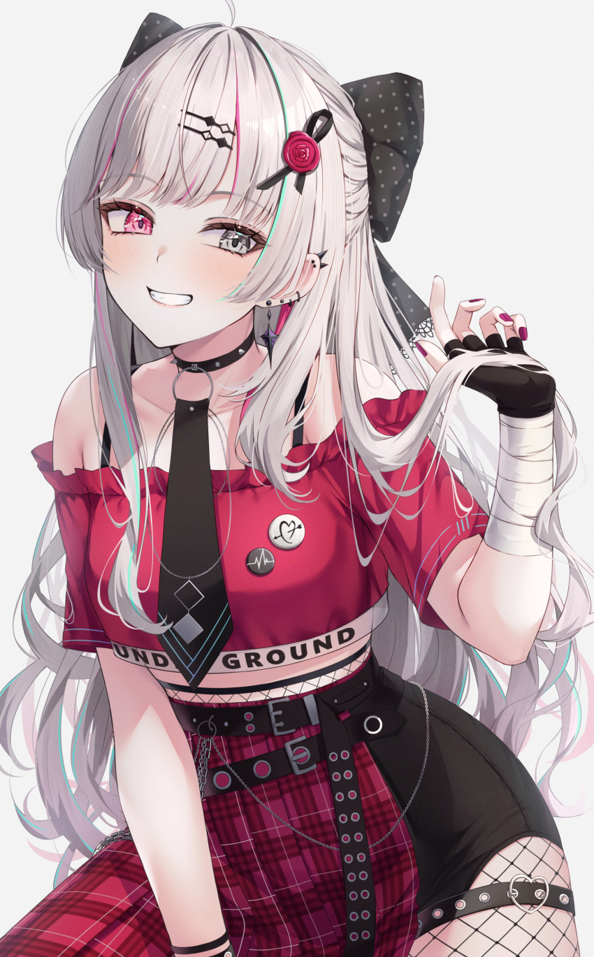 1girl absurdres bandaged_arm bandages bare_shoulders black_bow black_gloves black_necktie bow clenched_teeth fingerless_gloves fishnet_pantyhose fishnets gloves grey_background grey_eyes grey_hair hair_bow hand_up heterochromia highres ishigami_nozomi long_hair looking_at_viewer necktie nijisanji pantyhose pink_eyes pink_hair polka_dot polka_dot_bow red_skirt sakuno_(sksk_sakuno) short_sleeves simple_background skirt smile solo teeth virtual_youtuber