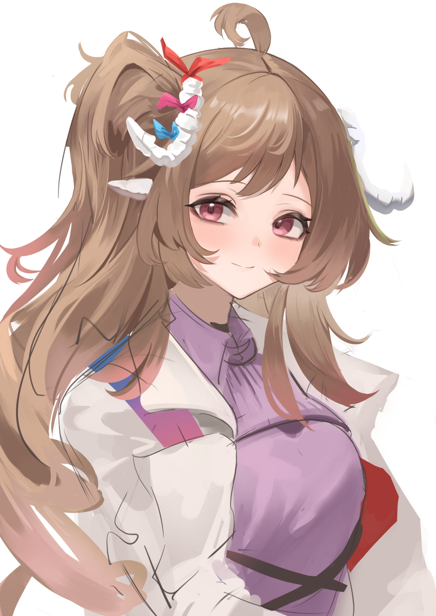 1girl absurdres ahoge animal_ears arknights blush brown_hair closed_mouth commentary curled_horns eyjafjalla_(arknights) highres horns long_hair looking_at_viewer pink_eyes remapack77 sheep_ears sheep_girl sheep_horns simple_background sketch smile solo upper_body white_background white_horns