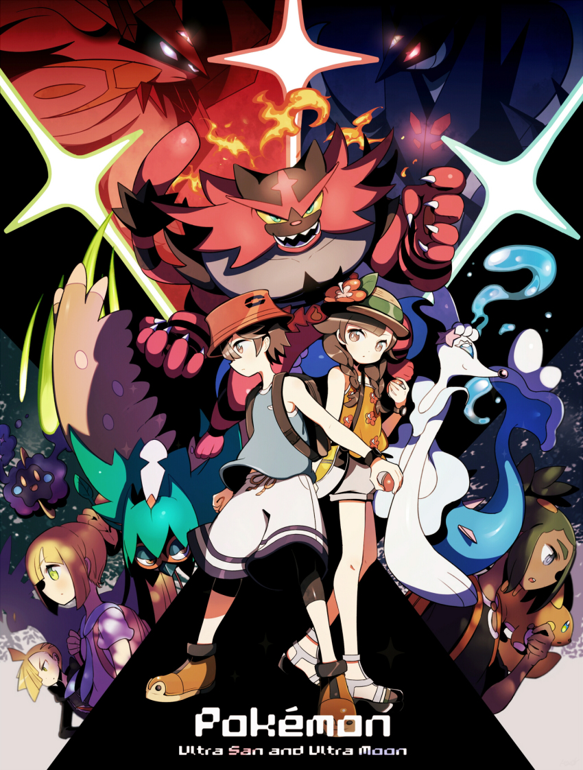 2girls 3boys alolan_form alolan_raichu backpack bag black_hair blonde_hair blue_shirt braid brother_and_sister brown_eyes bucket_hat commentary_request copyright_name cosmog dark-skinned_male dark_skin dawn_wings_necrozma decidueye dusk_mane_necrozma elio_(pokemon) english_text engrish_text expressionless floral_print flower gen_7_pokemon gladion_(pokemon) green_eyes grey_eyes hair_over_one_eye hat hat_flower hau_(pokemon) highres holding holding_poke_ball hood hoodie incineroar keijou_(cave) legendary_pokemon leggings lillie_(pokemon) long_hair multiple_boys multiple_girls necrozma necrozma_(dawn_wings) necrozma_(dusk_mane) nintendo orange_shirt poke_ball poke_ball_(basic) pokemon pokemon_(creature) pokemon_usum ponytail primarina ranguage red_flower selene_(pokemon) selene_(pokemon_usum) shirt shoes shorts siblings sleeveless sneakers starter_pokemon_trio sun_hat tank_top twin_braids white_shorts you_(pokemon_usum) z-ring