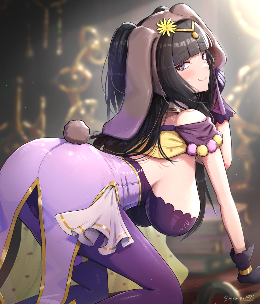 1girl absurdres all_fours animal_ears arm_support bent_over black_hair blunt_bangs breasts fake_animal_ears fire_emblem fire_emblem_awakening fire_emblem_heroes gloves gonzarez highres kneehighs large_breasts leotard long_hair looking_at_viewer nintendo nontraditional_playboy_bunny official_alternate_costume pantyhose playboy_bunny purple_eyes purple_pantyhose rabbit_ears rabbit_tail smile socks solo tail tharja_(fire_emblem) tharja_(spring)_(fire_emblem)