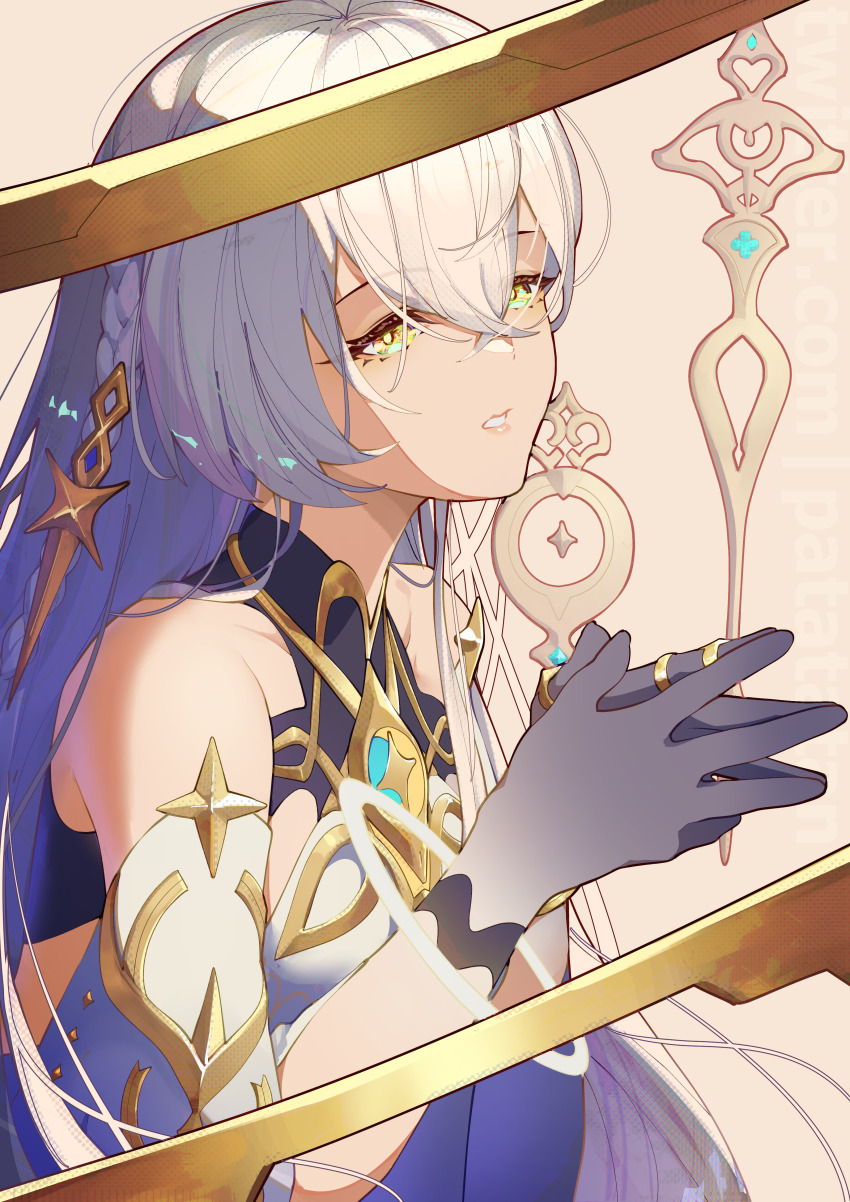 1girl absurdres bare_shoulders braid breasts colored_extremities commentary detached_sleeves dress english_commentary genshin_impact gradient_skin hair_between_eyes halo highres istaroth_(genshin_impact) long_hair open_mouth parted_lips patatatan small_breasts solo star_(symbol) very_long_hair white_hair yellow_eyes