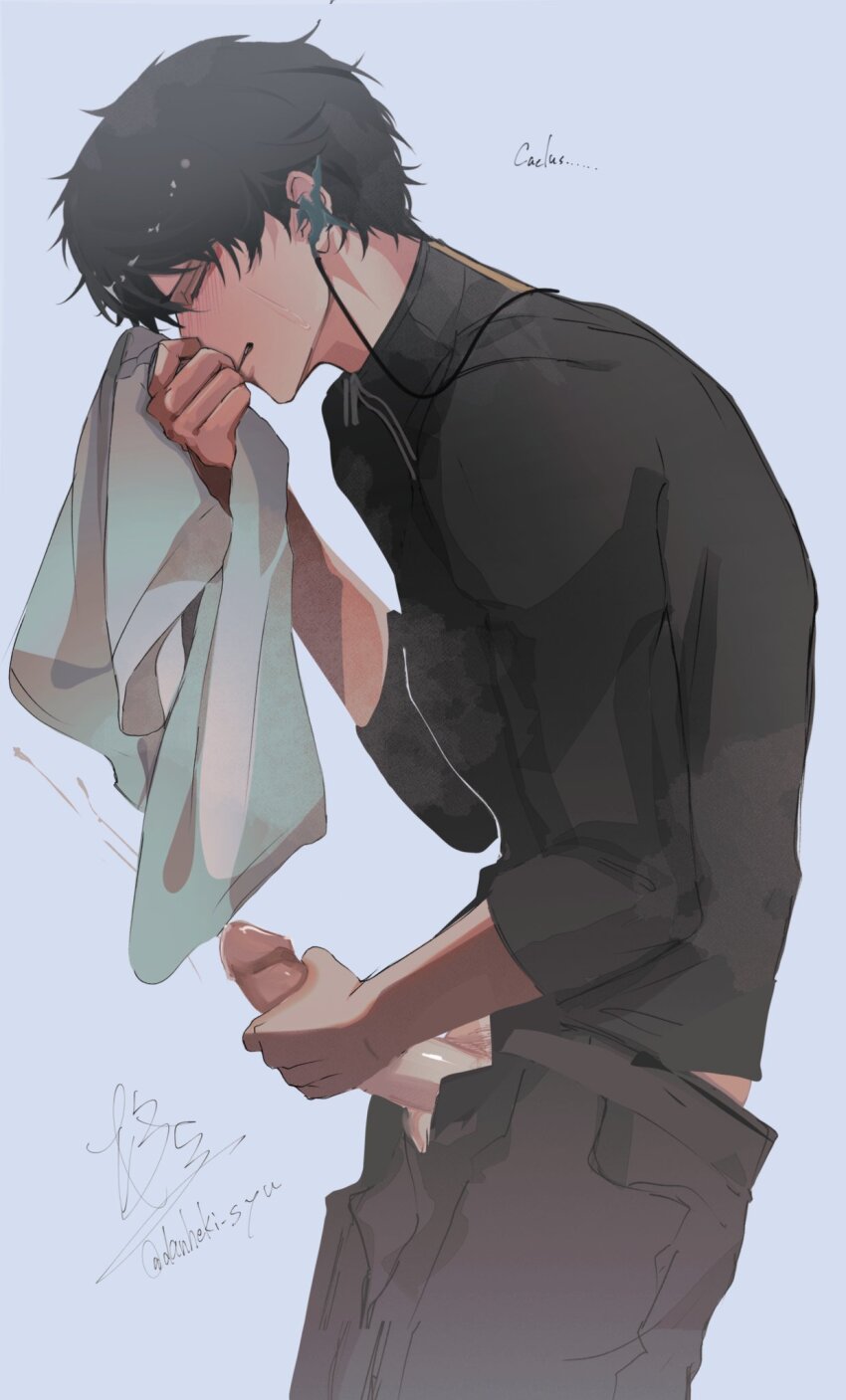 1boy black_hair black_pants black_shirt blush closed_eyes cum dan_heng_(honkai:_star_rail) danheki_syu ejaculation erection from_side grey_background highres holding holding_unworn_clothes honkai:_star_rail honkai_(series) implied_yaoi long_sleeves male_focus male_masturbation male_pubic_hair masturbation open_pants pants parted_lips penis projectile_cum pubic_hair shirt short_hair simple_background smelling smelling_clothes
