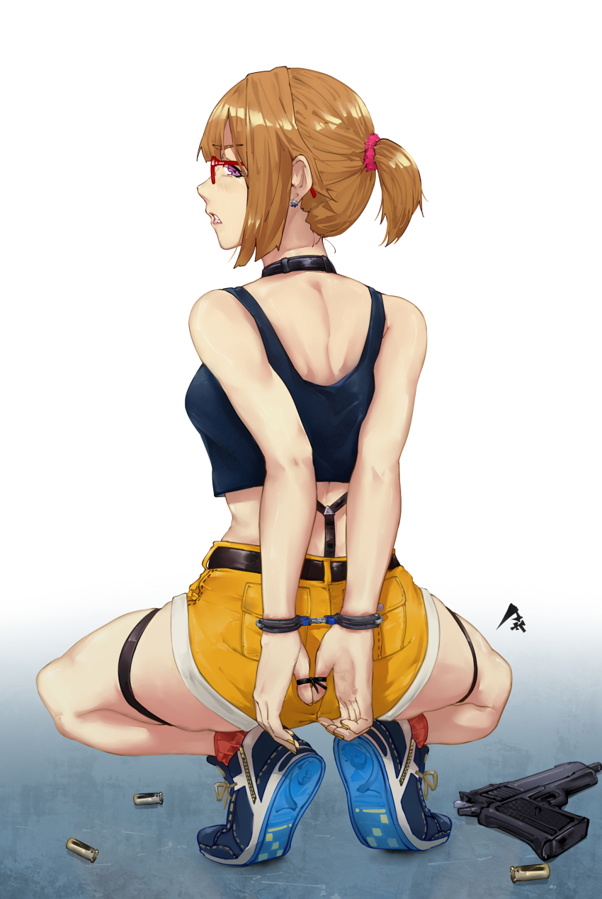.50_action-express 1girl absurdres action_arms arms_behind_back bdsm blue_footwear bondage bound breasts shell_casing choker commercial_cartridge commission cuffs earrings from_behind full_body girls&#039;_frontline glasses grizzly_mkv_(girls&#039;_frontline) grizzly_mkv_(weekend_cop)_(girls&#039;_frontline) gun hair_ornament hair_scrunchie handcuffs handgun handgun_cartridge highres jewelry l.a.r._manufacturing lar_grizzly_win_mag looking_back magnum_cartridge official_alternate_costume pick&#039;k pistol_cartridge ponytail purple_eyes restrained scrunchie second-party_source short_hair short_ponytail short_shorts shorts skindentation socks squatting tank_top thigh_strap weapon yellow_shorts
