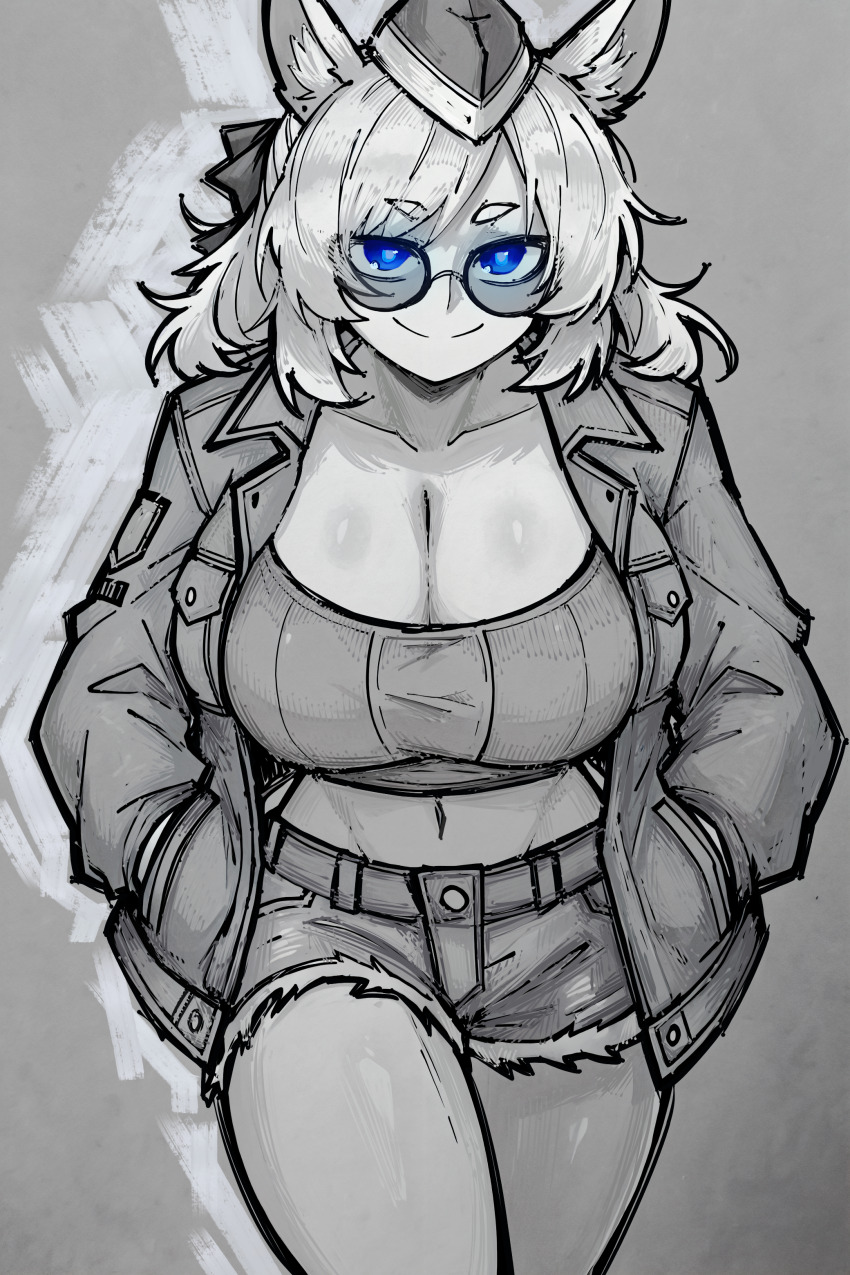 1girl absurdres animal_ear_fluff animal_ears arknights atris2nd blue_eyes breasts cleavage closed_mouth collarbone commentary cowboy_shot english_commentary greyscale groin hands_in_pockets hat highres jacket large_breasts long_sleeves medium_hair mixed-language_commentary monochrome navel open_clothes open_jacket short_shorts shorts smile solo split_mouth spot_color standing whislash_(arknights)