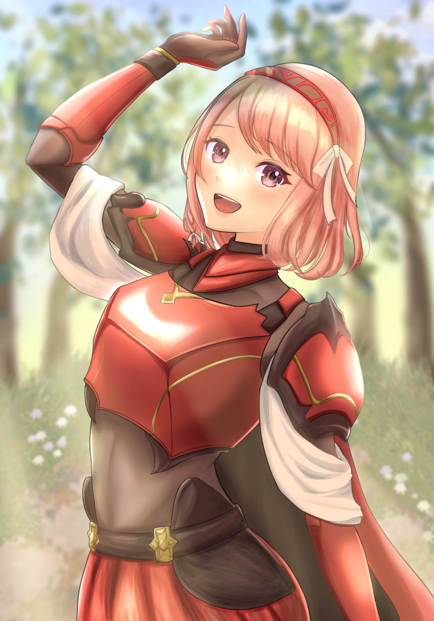 1girl absurdres armor bodystocking braid breastplate commentary fire_emblem fire_emblem_engage grey_hairband hair_ribbon hairband highres kousetu0506 lapis_(fire_emblem) looking_at_viewer nintendo open_mouth pink_eyes pink_hair red_armor red_hairband ribbon side_braid smile solo two-tone_hairband white_ribbon