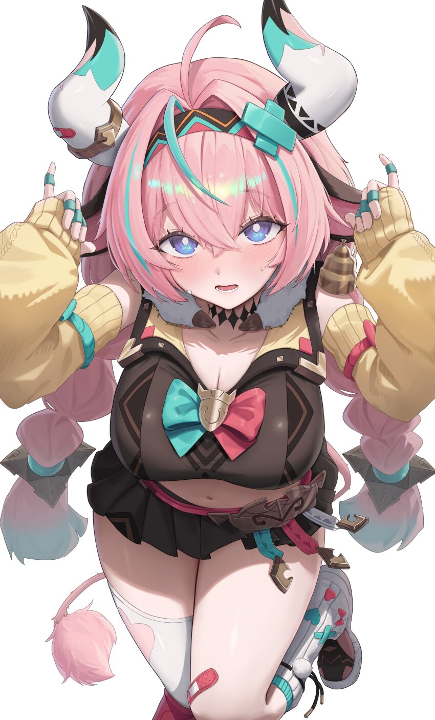 1girl 4mmmmu absurdres animal_ears antenna_hair aqua_streaks asymmetrical_legwear bandaid bandaid_on_cheek bandaid_on_face bandaid_on_horn bandaid_on_leg bell bell_earrings blue_eyes blush braid breasts bright_pupils brown_skirt cleavage collarbone cow_ears cow_girl cow_horns cow_tail crop_top crossed_bangs detached_sleeves earrings genshin_impact hair_between_eyes hair_intakes hairband hands_up hashtag-only_commentary highres horns jewelry large_breasts leg_warmers long_hair looking_at_viewer low_twin_braids lower_teeth_only microskirt midriff multicolored_hair navel open_mouth pink_hair pleated_skirt shoes sidelocks single_thighhigh skirt sneakers solo standing standing_on_one_leg streaked_hair tail teeth thighhighs twin_braids varesa_(genshin_impact) very_long_hair white_background white_leg_warmers white_pupils white_shoes white_thighhighs yellow_sleeves