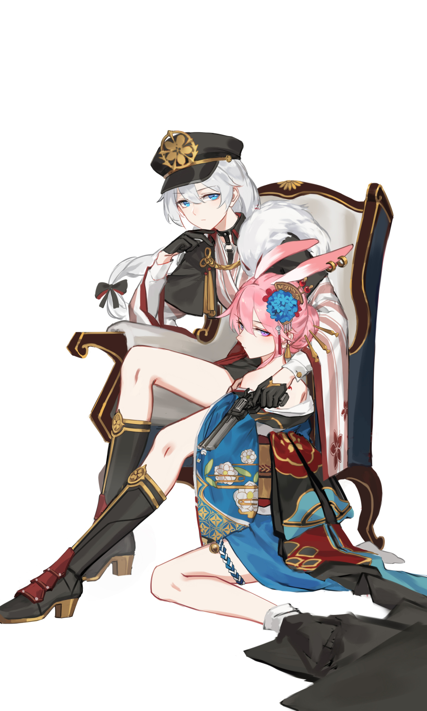 2girls absurdres animal_ears bamboo_nima black_boots black_hat blue_eyes blue_flower blue_kimono boots bow braid braided_ponytail chair chinese_commentary closed_mouth commentary_request earrings flower fox_ears full_body gun hair_between_eyes hair_bow hair_flower hair_ornament handgun hat highres holding holding_gun holding_weapon honkai_(series) honkai_impact_3rd japanese_clothes jewelry kallen_kaslana kallen_kaslana_(hanami_daimyo) kallen_kaslana_(sixth_serenade) kimono long_hair looking_at_viewer military military_hat military_uniform multiple_girls pink_hair purple_eyes revolver simple_background sitting weapon white_background white_hair yae_sakura yae_sakura_(blooming_maiko) yae_sakura_(goushinnso_memento)