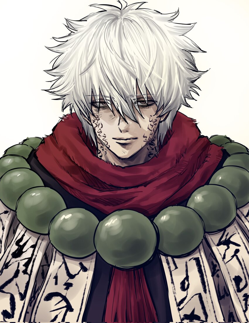 1boy bags_under_eyes bead_necklace beads brown_eyes closed_mouth commentary_request gintama gintama_movie_2:_yorozuya_yo_eien_nare gintoki_ful hair_between_eyes highres jewelry korean_commentary looking_at_viewer male_focus messy_hair necklace official_alternate_costume red_scarf sakata_gintoki scarf short_hair solo upper_body white_background white_hair