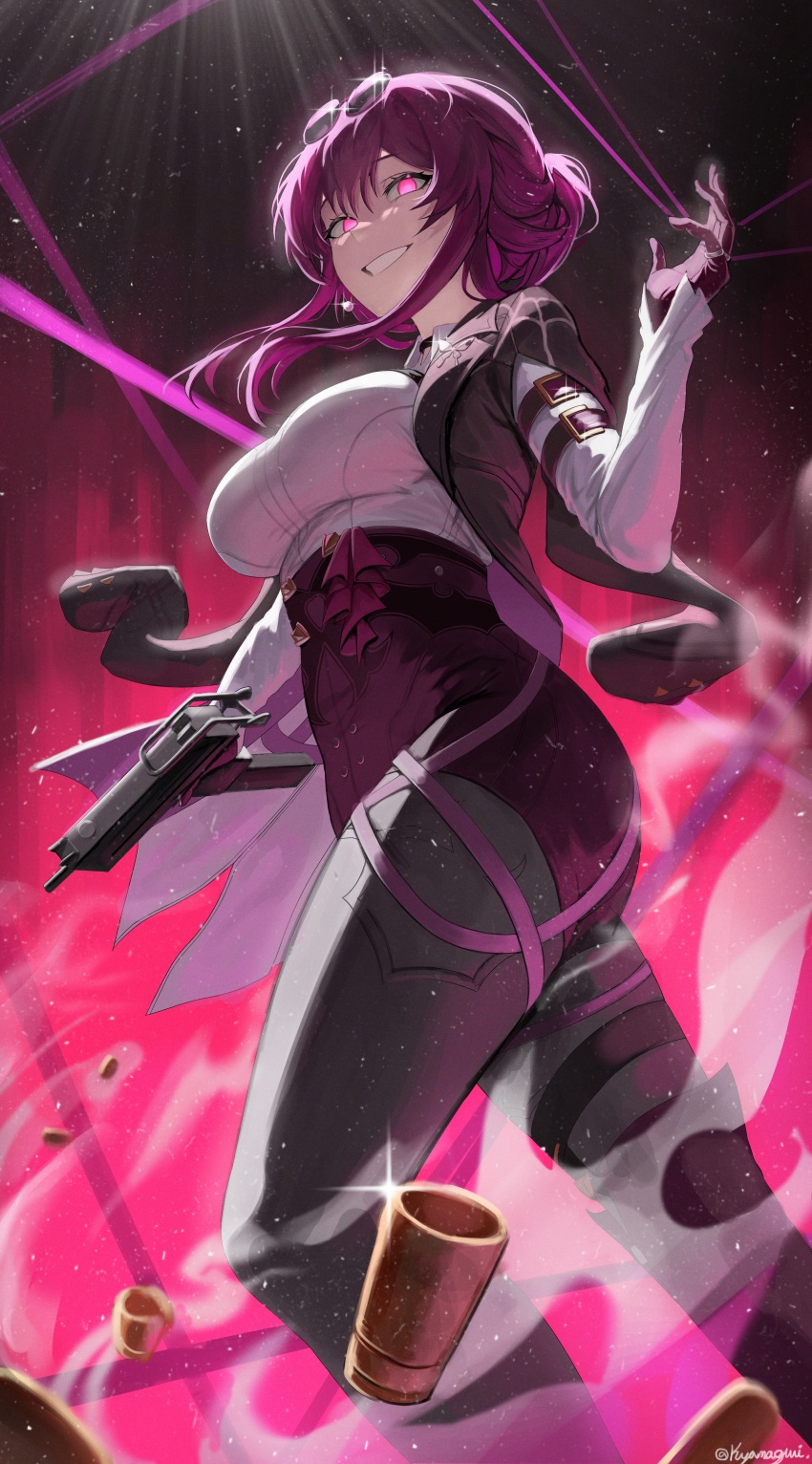 1girl :d absurdres arm_belt artist_name belt black_belt black_jacket black_pantyhose boots breasts collared_shirt commentary cowboy_shot earrings english_commentary evil_grin evil_smile eyewear_on_head from_below glasses gloves grin gun hair_between_eyes hand_up high-waist_shorts highres holding holding_gun holding_weapon honkai:_star_rail honkai_(series) jacket jewelry kafka_(honkai:_star_rail) kyamagwi large_breasts long_hair mac-10/11 multiple_belts open_clothes open_jacket open_mouth pantyhose pantyhose_under_shorts pince-nez purple_eyes purple_gloves purple_hair purple_shorts round_eyewear shell_casing shirt shorts signature single_thigh_boot smile solo spider_web_print standing submachine_gun sunglasses teeth thigh_boots thigh_strap twitter_username weapon white_shirt