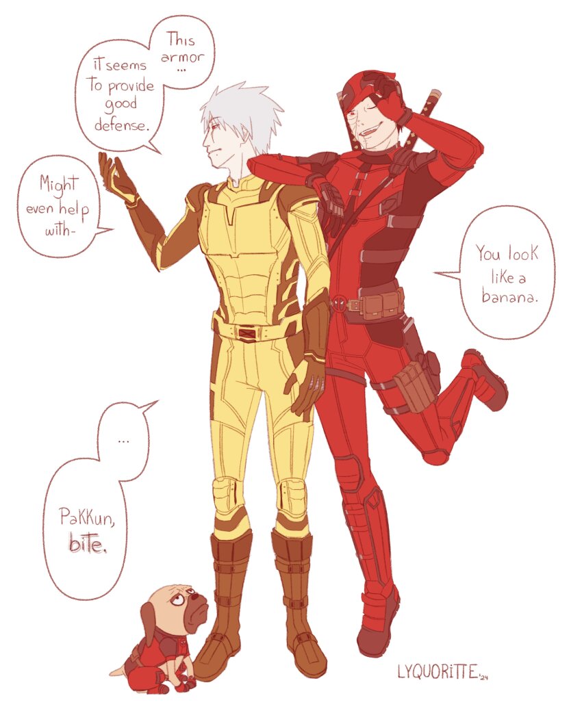 2boys absurdres cosplay deadpool deadpool_&amp;_wolverine deadpool_(cosplay) deadpool_(series) dog dogpool dogpool_(cosplay) english_text full_body gloves grey_hair hatake_kakashi highres holding holding_behind_back holding_sword holding_sword_behind_back holding_weapon holding_weapon_behind_back katana lyquoritte male_focus marvel marvel_cinematic_universe mask_lift mole mole_under_mouth multiple_boys naruto_(series) naruto_shippuuden pakkun_(naruto) scar scar_on_face smile speech_bubble standing standing_on_one_leg superhero_costume sword uchiha_obito weapon wolverine_(x-men) wolverine_(x-men)_(cosplay) x-men yaoi
