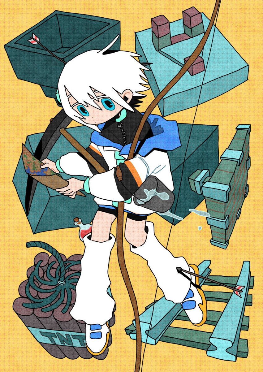 1girl arrow_(projectile) arrow_in_body arrow_in_head aruun black_jacket blue_eyes bow_(weapon) bucket cevio closed_mouth commentary_request dot_mouth explosive floating_hair full_body highres hitoribocchi_sangyou_kakumei_(cevio) holding holding_bow_(weapon) holding_bucket holding_map holding_pickaxe holding_weapon hopper_(minecraft) jacket layered_clothes leg_warmers long_sleeves looking_at_viewer map minecraft object_through_head off_shoulder pickaxe piston potion railroad_tracks redstone_comparator shoes simple_background sneakers solo tnt tnt_block_(minecraft) water weapon white_hair white_jacket white_leg_warmers white_shoes yellow_background