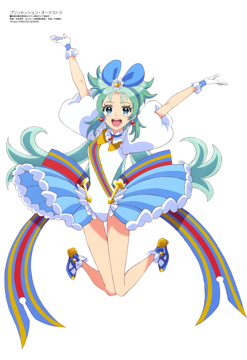 1girl :d absurdres aqua_hair arms_up blue_bow blue_eyes bow copyright_name copyright_notice earrings gloves gotan_takayuki hair_bow high_heels highres jewelry jumping legs_up leotard long_hair magazine_scan megami_magazine midair official_art open_mouth princession_orchestra puffy_short_sleeves puffy_sleeves scan short_sleeves simple_background smile solo sorano_minamo teeth thigh_gap upper_teeth_only white_background white_gloves white_leotard