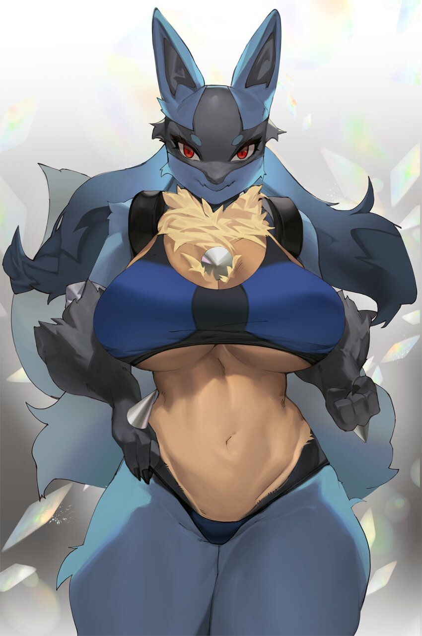 1girl animal_ears blue_fur body_fur breasts brown_fur closed_mouth commentary commission creatures_(company) english_commentary fur furry furry_female game_freak gen_4_pokemon hand_on_own_hip highres large_breasts looking_at_viewer lucario navel nintendo pokemon red_eyes smile solo tail thick_thighs thighs underboob woobin94
