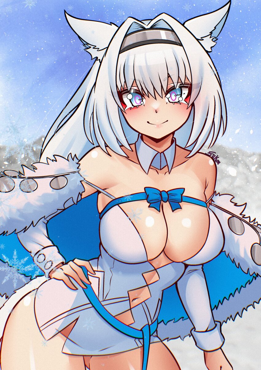 1girl absurdres animal_ear_fluff animal_ears argyle_cutout bare_shoulders blue_bow blue_eyes blue_ribbon blue_sky blue_thighhighs blush bow breasts cat_ears cat_girl cat_tail cleavage clothing_cutout detached_collar detached_sleeves dobrynya_nikitich_(fate) dobrynya_nikitich_(second_ascension)_(fate) dress fate/grand_order fate_(series) fukou fur_trim hair_bow hairband highres large_breasts long_hair looking_at_viewer low_ponytail navel ponytail ribbon short_dress sky smile snowflakes solo tail thighhighs thighs white_dress white_hair
