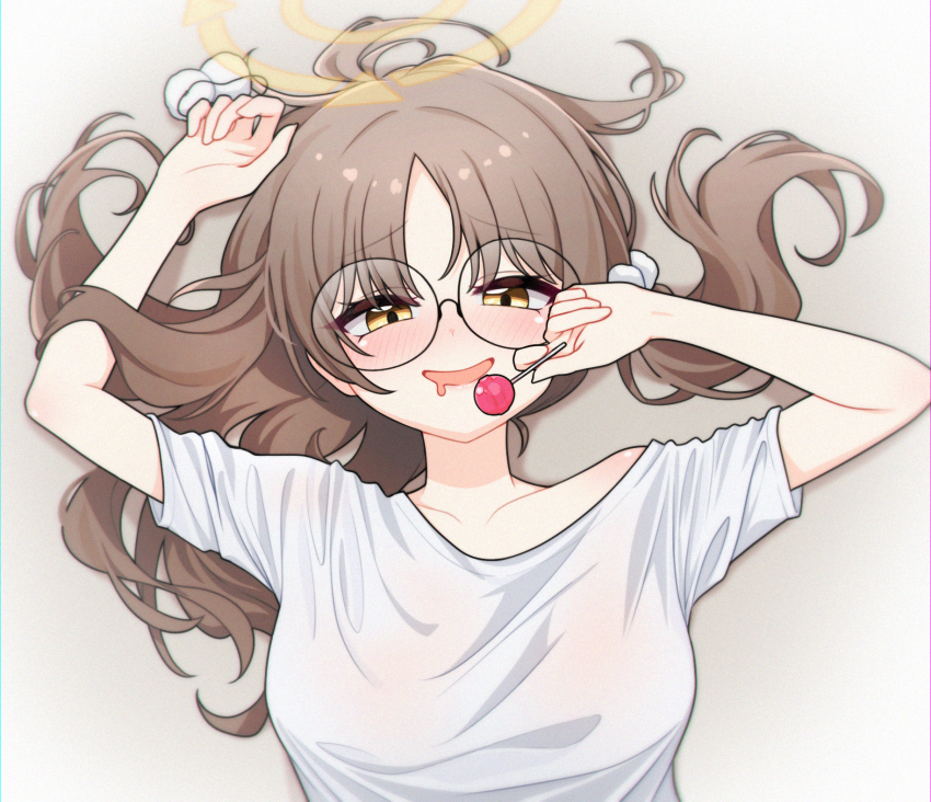1girl alternate_costume blue_archive blush breasts brown_hair candy commentary densaneraa food glasses grey_background hair_spread_out halo highres holding holding_candy holding_food holding_lollipop large_breasts lollipop long_hair lying moe_(blue_archive) on_back round_eyewear shirt solo t-shirt upper_body white_shirt yellow_eyes yellow_halo