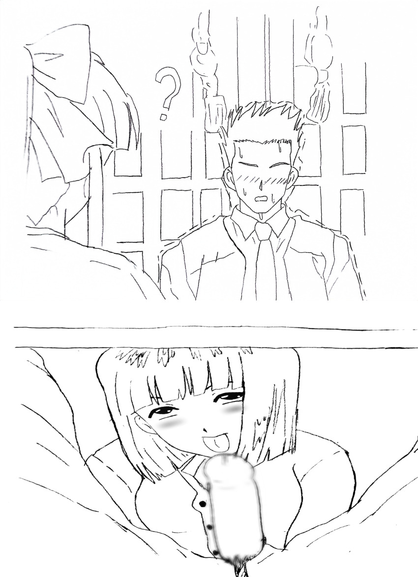 1boy 2girls 2koma ? absurdres blush breasts censored cheating_(relationship) comic confused cuckquean desk hair_ribbon highres imminent_fellatio japanese_clothes kitaooji_hanabi legs long_hair medium_breasts monochrome multiple_girls naughty_face necktie nervous nervous_sweating netorare oogami_ichirou open_mouth pants penis pointy_hair pov pubic_hair ribbon sakura_taisen sega shinguuji_sakura short_hair sketch smile spread_legs sweat thighs tongue tongue_out window