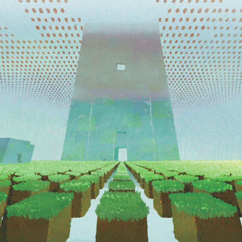 absurdres atmospheric_perspective block_(minecraft) block_(object) blue_sky fog grass highres house minecraft minecraft_youtube no_humans parkour_civilization pov scenery sky tower vai5000