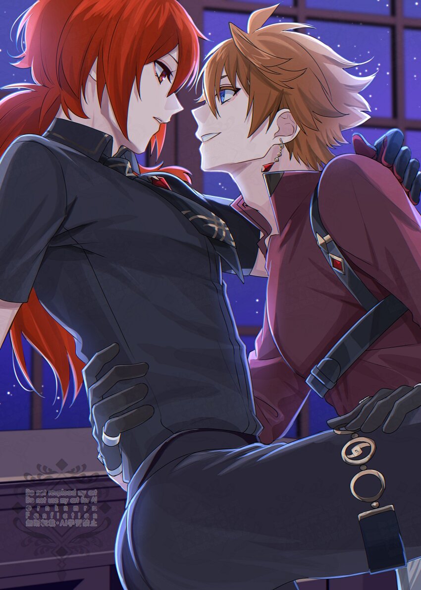 2boys black_gloves black_necktie black_pants black_shirt blue_eyes diluc_(genshin_impact) earrings genshin_impact gloves hair_between_eyes highres hiki_yuichi jewelry long_hair male_focus multiple_boys necktie orange_hair pants red_eyes red_hair red_shirt shirt short_hair smile tartaglia_(genshin_impact) teeth yaoi