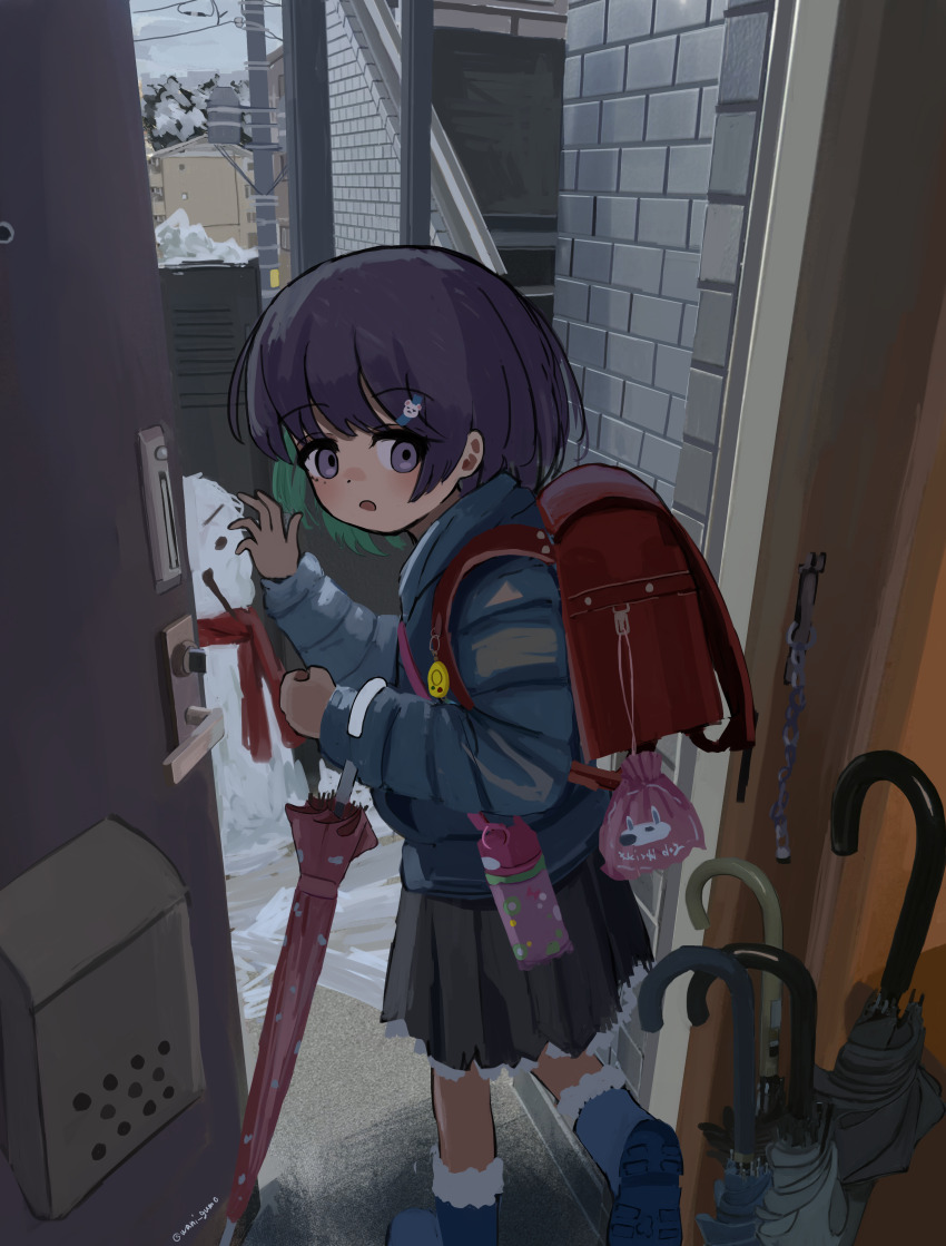 1girl absurdres backpack bag boots child colored_inner_hair commentary_request green_hair hair_ornament highres holding long_sleeves multicolored_hair original purple_eyes purple_hair randoseru short_hair skirt snowman solo standing two-tone_hair umbrella wanigumo waving