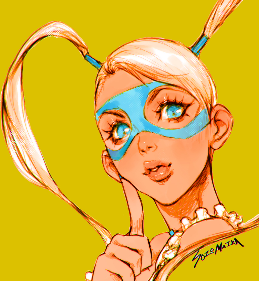 1girl artist_name blonde_hair blue_eyes blue_mask commentary domino_mask english_commentary highres long_hair mask rainbow_mika simple_background solo sozomaika street_fighter twintails wrestler wrestling_mask wrestling_outfit