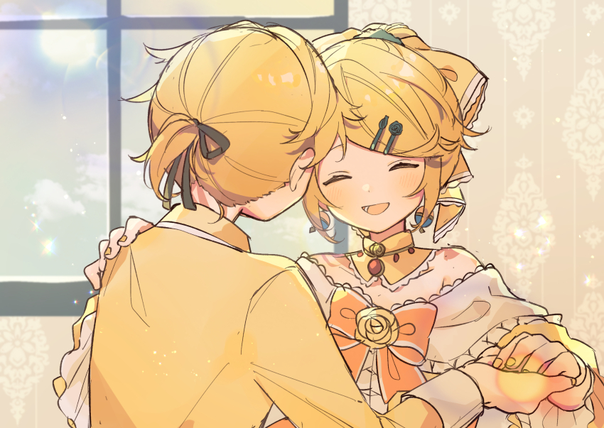 1boy 1girl ^_^ aku_no_meshitsukai_(vocaloid) aku_no_musume_(vocaloid) allen_avadonia back bare_shoulders black_ribbon blonde_hair blush bow brooch brother_and_sister closed_eyes closed_mouth cloud coat collar collarbone collared_coat commentary dancing detached_collar dress dress_bow dress_flower earrings evillious_nendaiki flower frilled_sleeves frills gem hair_bow hair_ornament hair_ribbon hairpin hand_on_another&#039;s_shoulder happy highres holding_hands indoors jacket jewelry kagamine_len kagamine_rin lens_flare light_blush multiple_hairpins off-shoulder_dress off_shoulder open_mouth orange_bow ponytail red_gemstone ribbon riliane_lucifen_d&#039;autriche rose sazanami_(ripple1996) short_hair short_ponytail siblings smile swept_bangs twins vocaloid waltz_(dance) white_sleeve_cuffs wide_sleeves window yellow_coat yellow_flower yellow_jacket yellow_nails yellow_rose