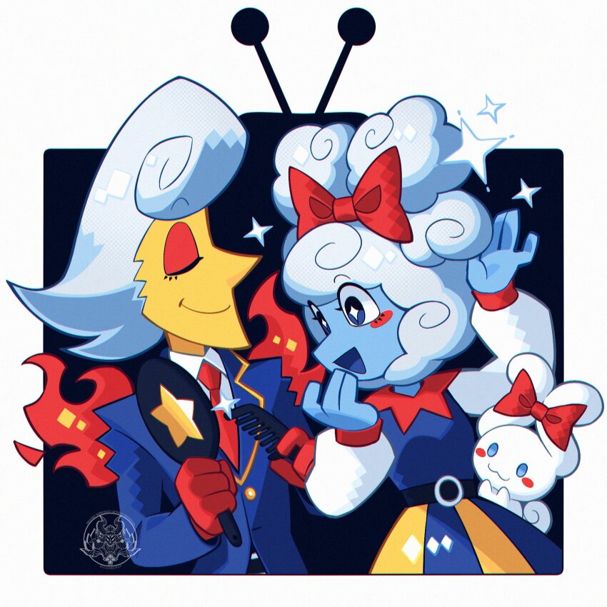1boy 1girl blue_skin cinnamiku_hairstyle cinnamoroll closed_mouth cloud_hair colored_skin crossover deltarune elnina_(deltarune) fuwa_fuwa_cinnamoroll gloves highres holding jacket lanino_(deltarune) necktie red_necktie reignbeaux13 sanrio shirt smile sparkle white_hair yellow_skin