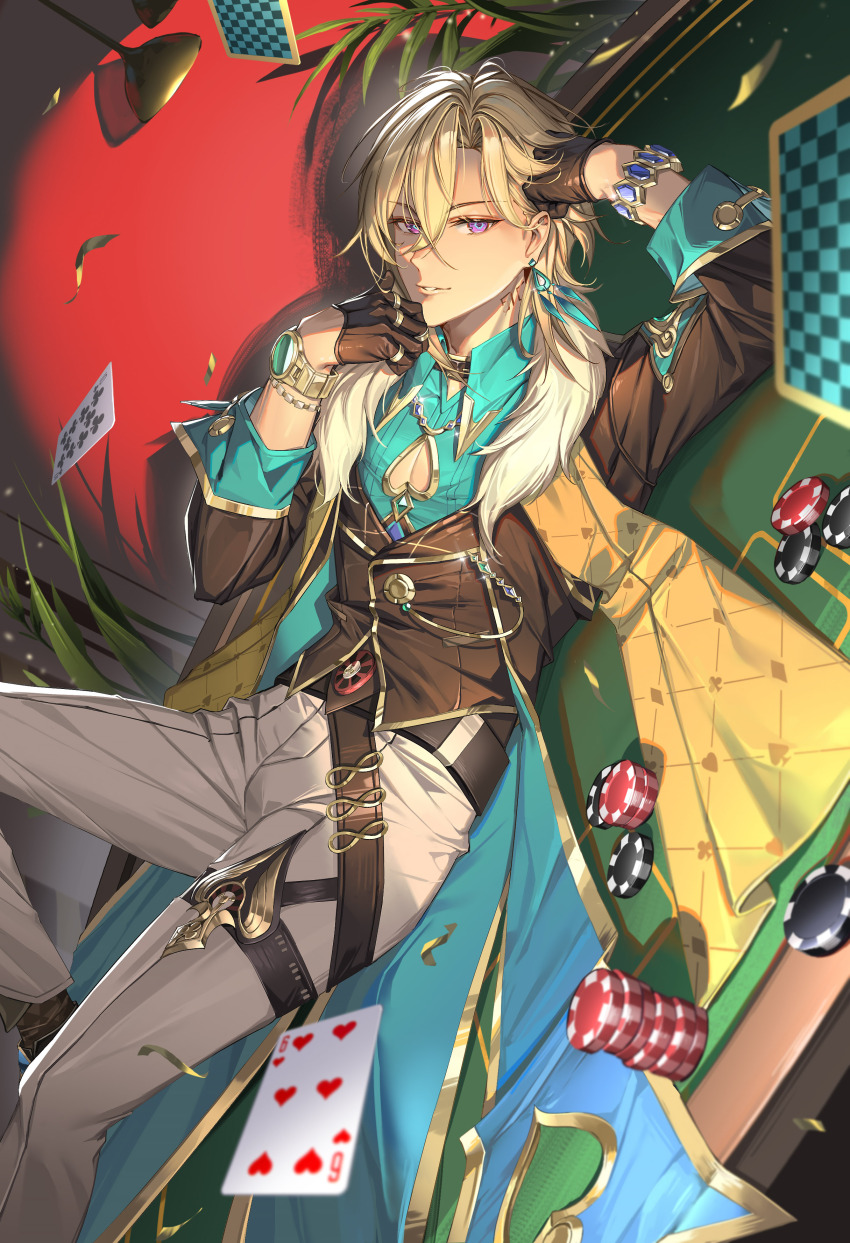 1boy absurdres al_guang aventurine_(honkai:_star_rail) belt black_belt black_coat black_collar black_gloves blonde_hair bracelet coat collar collared_shirt dutch_angle earrings foot_out_of_frame fur-trimmed_coat fur_trim gloves green_shirt hair_between_eyes half_gloves head_rest highres honkai:_star_rail honkai_(series) jewelry long_sleeves looking_at_viewer lying male_focus multicolored_eyes navel neck_tattoo on_side on_table panties parted_bangs pectoral_cleavage pectorals poker_chip poker_table purple_eyes shirt six_of_hearts spotlight table tattoo ten_of_spades thigh_strap underwear watch white_panties wristwatch