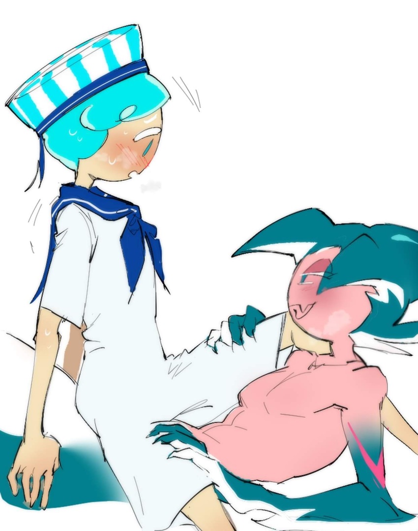 2boys abs aqua_eyes aqua_hair aqua_skin arm_fins aroused blue_eyes blue_hair blue_hat blue_sailor_collar blue_skin blush collarbone colored_skin cookie_run embarrassed fangs feet_out_of_frame fin fingernails fins furrowed_brow gradient_hair half-closed_eyes hand_on_another&#039;s_leg hand_on_another&#039;s_thigh hand_on_thighs hat heavy_breathing highres humanization looking_at_another looking_down looking_up male_focus multicolored_hair multicolored_skin multiple_boys nervous open_mouth pale_skin pectorals peppermint_cookie personification pink_skin ribbon_hat ribbon_trim sailor_collar sailor_hat sailor_uniform shark_boy shark_fin sharp_fingernails shirt shirtless_male short_hair short_sleeves shorts sitting sitting_on_lap sitting_on_person skin_fangs sorbet_shark_cookie straddling streaked_hair striped_clothes striped_hat sweat sweatdrop teeth topless_female topless_male two-tone_hair two-tone_hat two-tone_skin white_background white_hair white_hat white_shirt white_shorts white_skin white_stripe yaoi