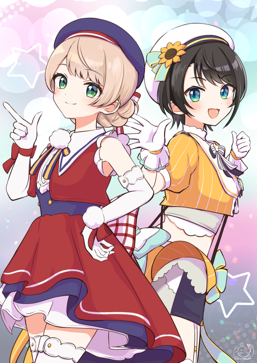 2girls :d back_bow beret black_shorts blonde_hair blue_eyes blue_hat blunt_bangs blurry blush bodice bokeh bow bowtie brown_hair clenched_hand closed_mouth commentary_request corset cowboy_shot cropped_jacket cropped_vest depth_of_field elbow_gloves finger_gun flower frilled_gloves frilled_shirt frills from_side garter_straps gloves gradient_background green_eyes grey_corset hachikuma_(waddle-d) hair_flower hair_ornament hand_on_own_hip hat high-low_skirt highres hololive idol idol_clothes indie_virtual_youtuber jacket large_bow layered_skirt looking_at_viewer miniskirt multiple_girls official_alternate_costume oozora_subaru oozora_subaru_(starlight) open_mouth orange_jacket orange_skirt outstretched_hand overskirt pinstripe_jacket pinstripe_pattern plaid_bow pom_pom_(clothes) red_skirt red_vest sailor_collar sailor_shirt shigure_ui_(vtuber) shigure_ui_(masterpiece)_(vtuber) shirt short-sleeved_jacket short_hair short_sleeves shorts skirt sleeveless sleeveless_shirt smile star_(symbol) star_symbol_background striped_bow striped_bowtie striped_clothes striped_skirt sunflower sunflower_hair_ornament suspenders swept_bangs thighhighs tilted_headwear underbust vertical-striped_clothes vertical-striped_skirt vest virtual_youtuber waist_bow waving white_bow white_bowtie white_garter_straps white_gloves white_hat white_sailor_collar white_shirt white_thighhighs wrist_bow