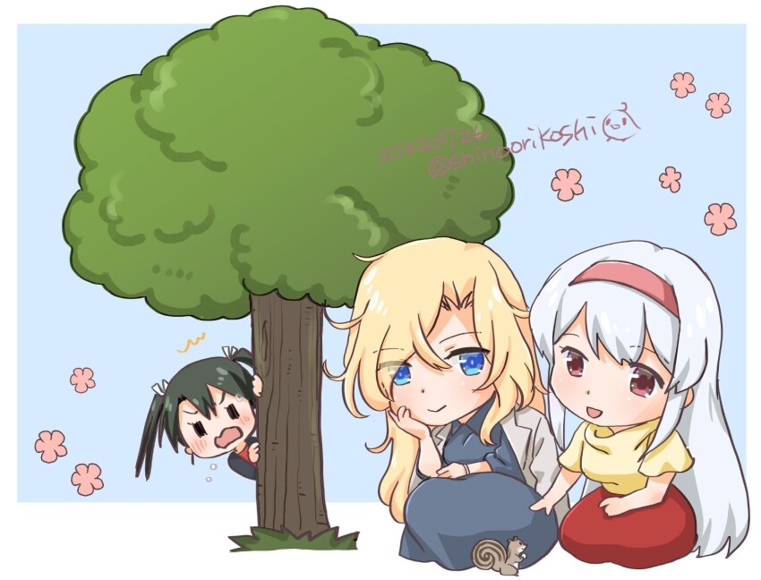 3girls artist_name blonde_hair blue_dress blue_eyes dress grey_jacket hairband highres hornet_(jal)_(kancolle) hornet_(kancolle) jacket jacket_on_shoulders kantai_collection long_hair multiple_girls official_alternate_costume orikoshi_shino red_eyes red_hairband red_skirt shoukaku_(jal)_(kancolle) shoukaku_(kancolle) skirt sweater tree white_hair yellow_sweater zuikaku_(jal)_(kancolle) zuikaku_(kancolle)
