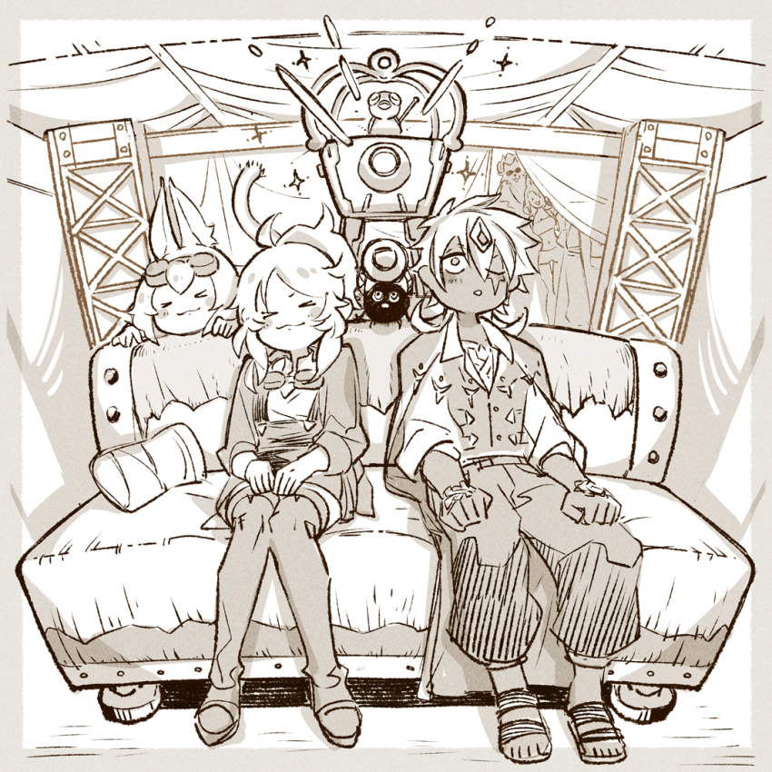 &gt;_&lt; 2boys 3girls albaz_(yu-gi-oh!) animal_ears anonymous_(yu-gi-oh!) blush blush_stickers border commentary_request couch dark-skinned_male dark_skin dragon_boy duel_monster ecclesia_(yu-gi-oh!) ferret_ears ferret_girl ferret_tail kitt_(yu-gi-oh!) monochrome multiple_boys multiple_girls official_art on_couch promotional_art sparkle tri-brigade_ferrijit_the_barren_blossom tri-brigade_kitt tri-brigade_mercourier tri-brigade_rugal_the_silver_sheller yu-gi-oh!