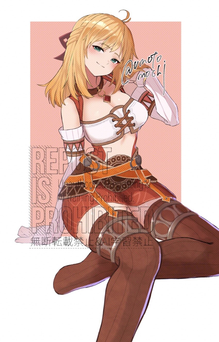 1girl blonde_hair blush border breasts brown_thighhighs closed_mouth commentary_request fiora_(xenoblade) green_eyes highres long_hair medium_breasts miniskirt outside_border sitting skirt smile solo thighhighs umotomochi watermark white_border xenoblade_chronicles_(series) xenoblade_chronicles_1