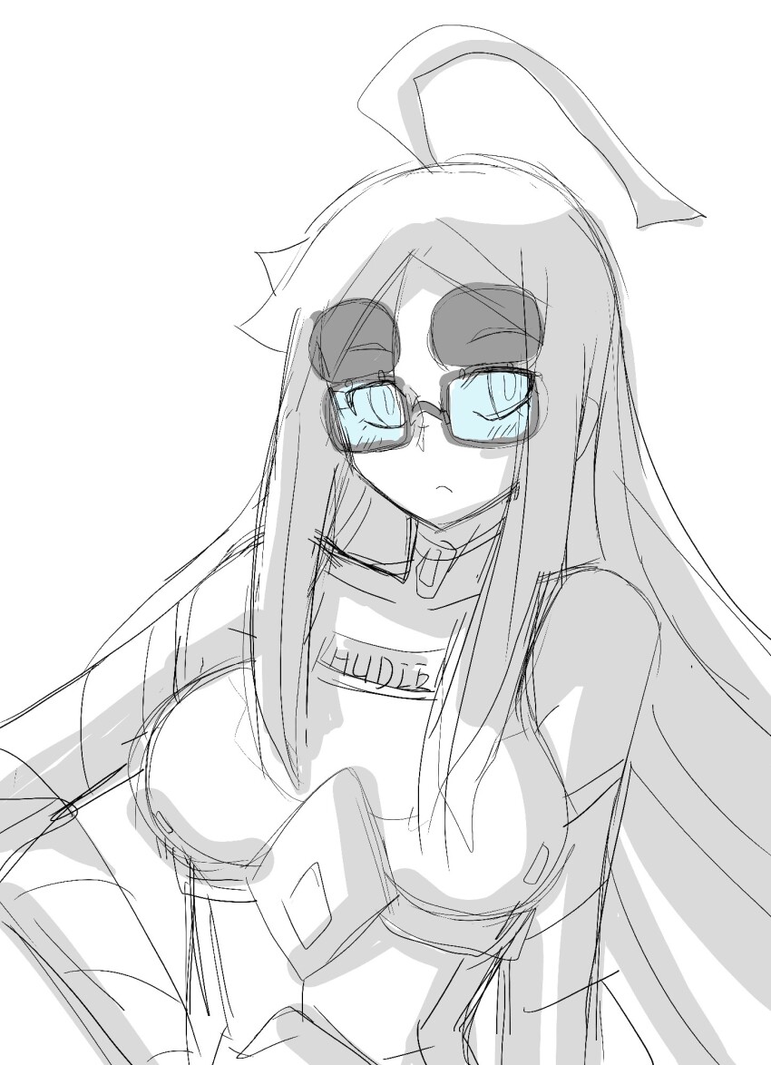 1girl armor armored_gloves armored_leotard blush breasts choker digimon digimon_(creature) female_focus fur_collar glasses gloves highres hudiemon leotard long_hair looking_at_viewer medium_breasts ph6xeivbgpimggg sketch solo spot_color tinted_eyewear