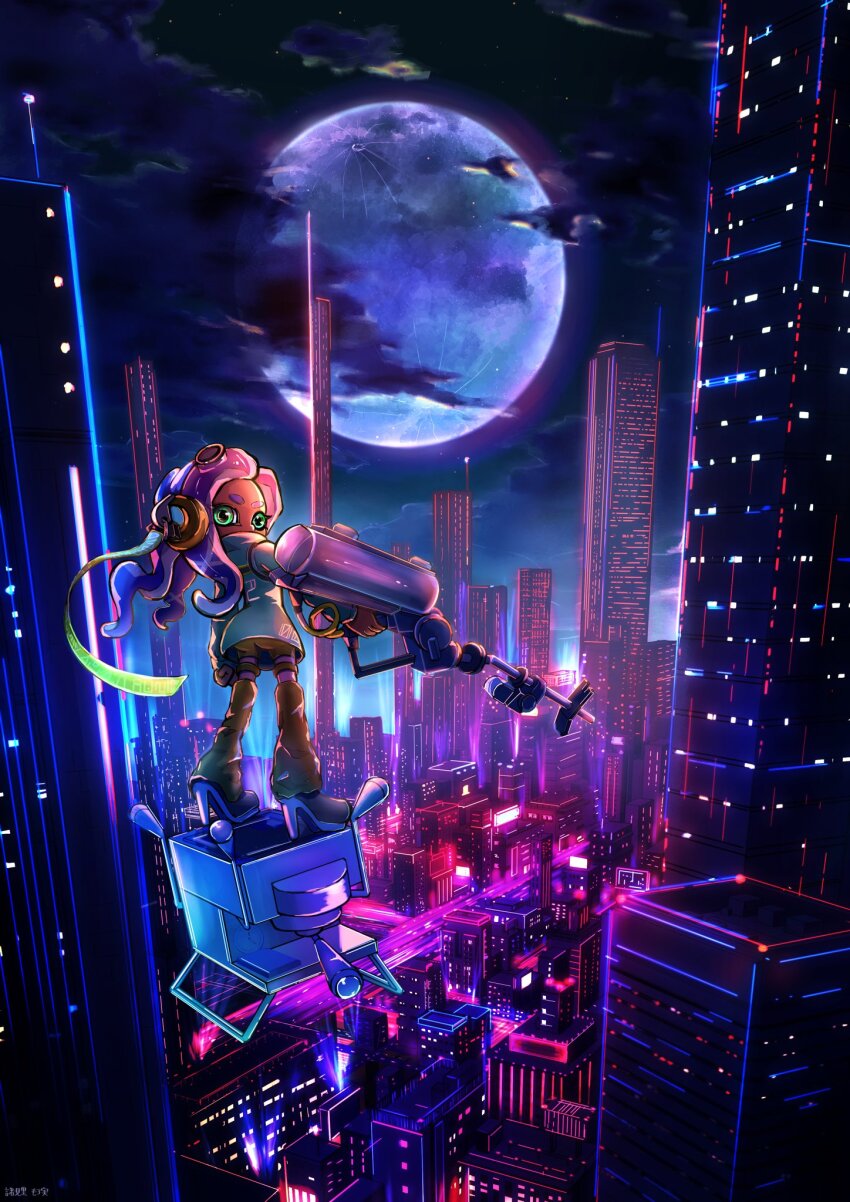 1girl ass blue_sky building cityscape cloud commentary covered_mouth drone e-liter_4k_(splatoon) eyelashes full_body full_moon gradient_sky green_eyes gun high_heels highres holding holding_gun holding_weapon huge_moon looking_back moon moromi_(kscd4482) night night_sky nintendo octoling octoling_girl octoling_player_character purple_hair sky skyscraper solo splatoon_(series) splatoon_3 standing thick_eyebrows weapon