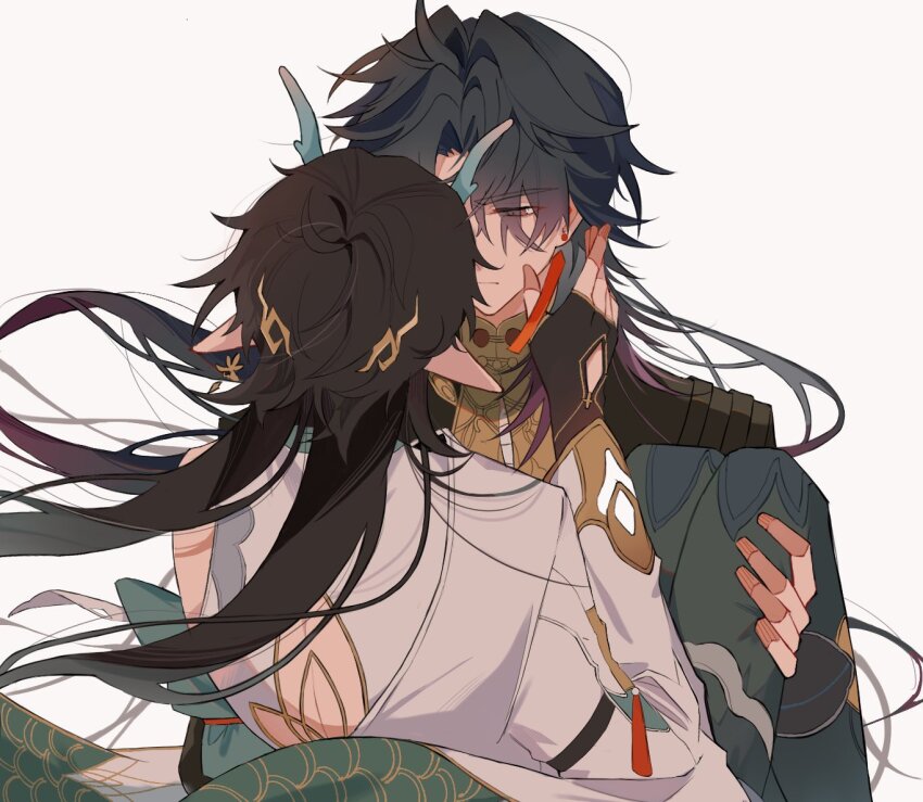 2boys bare_back black_gloves black_hair blade_(honkai:_star_rail) carrying carrying_person dan_heng_(honkai:_star_rail) dan_heng_(imbibitor_lunae)_(honkai:_star_rail) dragon_horns earrings facing_away feet_out_of_frame gloves green_pants half-closed_eyes hands_up honkai:_star_rail honkai_(series) horns jewelry komugiko_414 long_hair male_focus multiple_boys pants pointy_ears princess_carry red_eyes shirt tassel tassel_earrings upper_body white_shirt yaoi