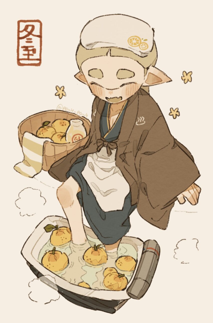 1girl artist_name barefoot bloblobber_(splatoon) blonde_hair blue_kimono brown_haori closed_eyes commentary fangs food foot_bath fruit full_body haori highres inkling inkling_girl inkling_player_character japanese_clothes kimono long_hair long_sleeves nintendo open_mouth p0m4_p0m4 pointy_ears skin_fangs smile soaking_feet solo splatoon_(series) symbol-only_commentary tentacle_hair thick_eyebrows towel towel_on_head wide_sleeves yuzu_(fruit) yuzu_bath