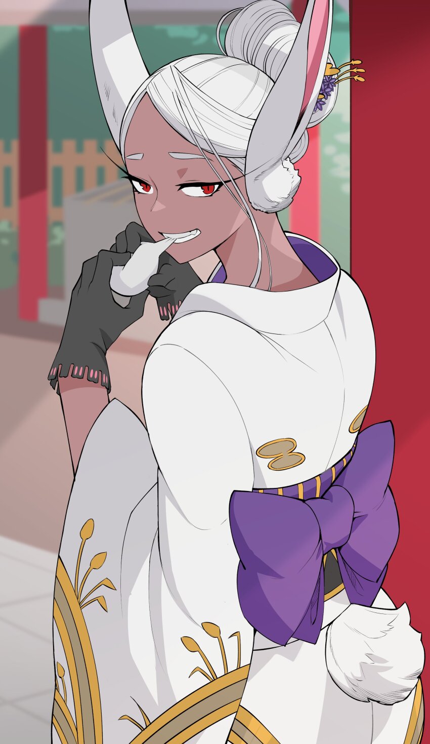 1girl absurdres alternate_hairstyle animal_ears black_gloves blurry blurry_background boku_no_hero_academia clothing_cutout commentary dark-skinned_female dark_skin eating flower food from_behind gloves hair_bun hair_flower hair_ornament hair_up highres holding holding_food japanese_clothes kimono kopam long_eyelashes long_hair looking_at_viewer mirko mochi obi parted_bangs purple_sash rabbit_ears rabbit_girl rabbit_tail red_eyes sash single_hair_bun solo symbol-only_commentary tail tail_through_clothes teeth white_hair white_kimono