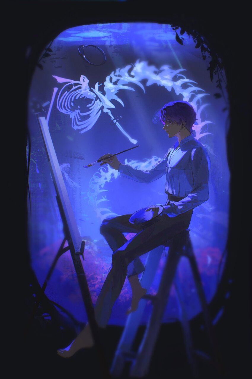 1boy barefoot commentary english_commentary fish_skeleton from_side full_body hair_between_eyes highres holding holding_paint_palette holding_paintbrush ladder light_rays long_sleeves love_and_deepspace male_focus on_ladder paint_palette paintbrush painting_(action) purple_hair rafayel_(love_and_deepspace) sberrymacchiato shirt_tucked_in short_hair solo
