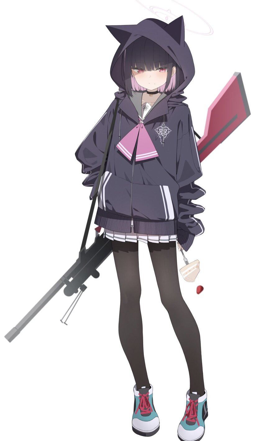 1girl animal_ears animal_hood black_choker black_hair black_jacket black_pantyhose blue_archive blue_shoes blush bren_lmg cake cake_slice choker closed_mouth collarbone fake_animal_ears food fork fruit full_body green_sailor_collar gun hand_in_pocket highres holding holding_fork hood hood_up hooded_jacket jacket kazusa_(blue_archive) light_machine_gun long_sleeves looking_at_viewer machine_gun multicolored_hair pantyhose pink_hair pleated_skirt puffy_long_sleeves puffy_sleeves red_eyes sailor_collar shiwa_(siwaa0419) shoes simple_background skirt sleeves_past_wrists solo standing strawberry two-tone_hair weapon white_background white_skirt