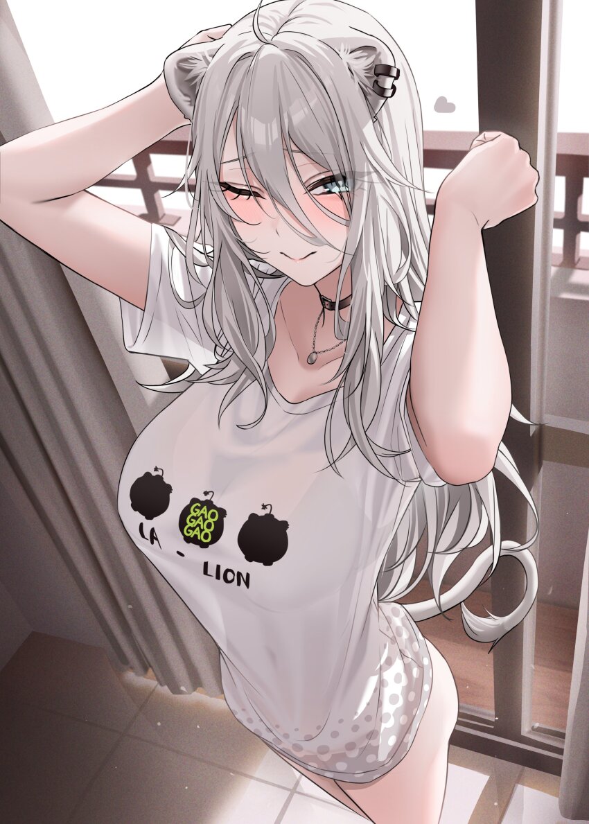 1girl ;) absurdres ahoge animal_ears arms_up black_bra black_choker bottomless bra bra_visible_through_clothes breasts choker closed_mouth commentary_request double-parted_bangs grey_eyes grey_hair highres hololive indoors jewelry large_breasts lion_ears lion_girl lion_tail long_hair looking_at_viewer messy_hair necklace official_alternate_costume official_alternate_hairstyle one_eye_closed shirt shishiro_botan shishiro_botan_(midnight_convenience_store) smile solo t-shirt tail underwear virtual_youtuber wanne white_shirt