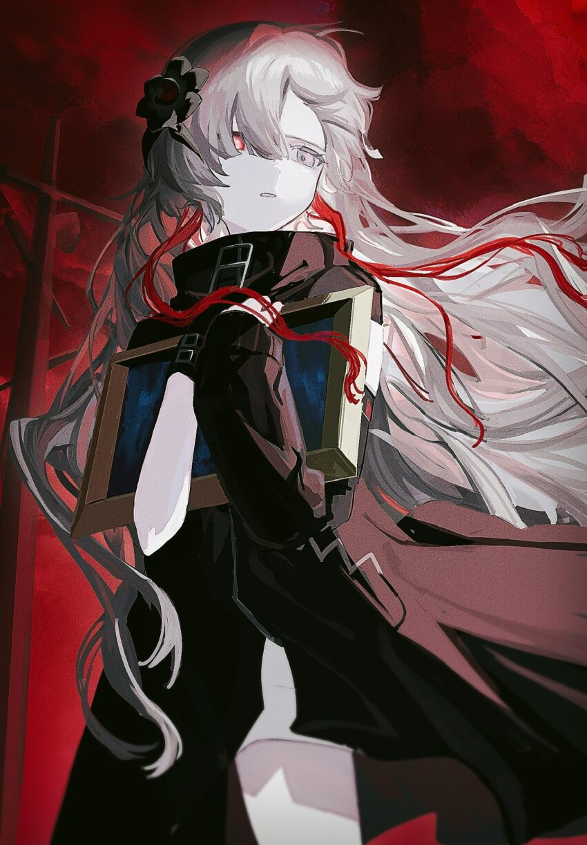 1girl anemone_(flower) asymmetrical_sleeves black_coat black_flower blurry_edges coat floating_hair flower grey_eyes grey_hair hair_flower hair_ornament hair_over_one_eye heterochromia highres holding holding_picture_frame isekaijoucho kamitsubaki_studio long_hair looking_to_the_side multicolored_hair pale_skin picture_frame red_eyes red_hair red_sky single_sleeve_past_fingers sky suica_000 two-tone_hair uneven_sleeves very_long_hair