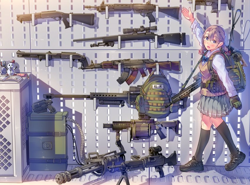 1girl 7.62x51mm_nato ak-47 akm ammunition ammunition_backpack ammunition_belt anti-materiel_rifle armory assault_rifle backpack bad_id bad_twitter_id bag barrett_m82 bipod black_socks blonde_hair blue_eyes daito elcan_scope fully_powered_cartridge gatling_gun glasses gloves grenade_launcher gun gun_sling h&amp;k_mp7 handgun heckler_&amp;_koch howa_type_89 kalashnikov_rifle kneehighs little_armory lmg_cartridge m13_link m240 machine_gun medium_machine_gun military_cartridge milkor_mgl minigun mp-443_grach multiple-barrel_gun original pleated_skirt radio_antenna revolver_grenade_launcher rifle rifle_cartridge rotary_machine_gun school_uniform scissors scope shotgun single_glove skirt sniper_rifle snowman socks solo submachine_gun twitter weapon weapon_focus
