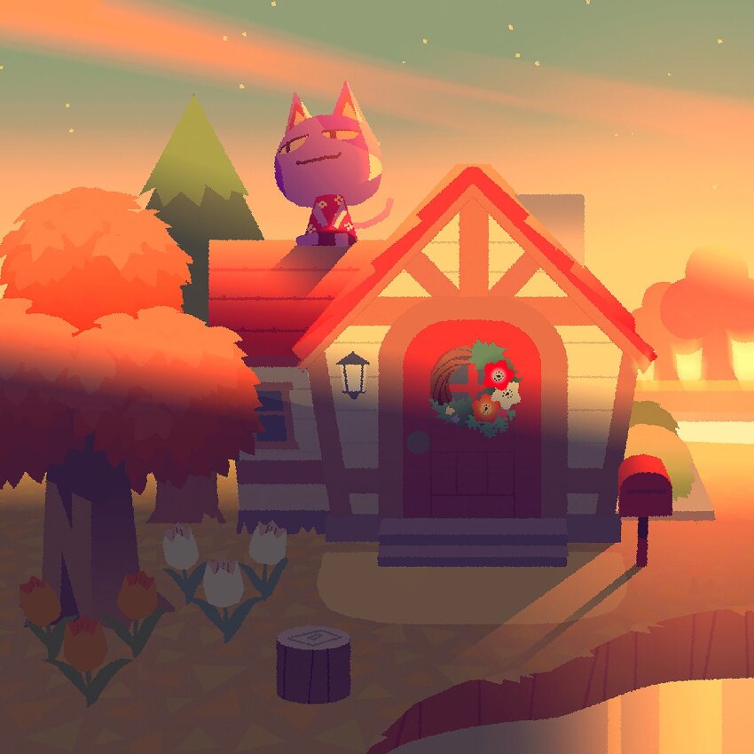&lt;|&gt;_&lt;|&gt; 1boy animal_crossing autumn autumn_leaves bob_(animal_crossing) bush cat_boy chuwenjie colored_sclera commentary dusk english_commentary floral_print flower furry furry_male grass highres house leaf looking_to_the_side male_focus nintendo on_roof orange_flower postbox_(outgoing_mail) purple_fur red_shirt river shirt sideways_glance sitting_on_roof sky smile solo stairs star_(sky) tree tree_stump tulip water white_flower window wreath yellow_sclera