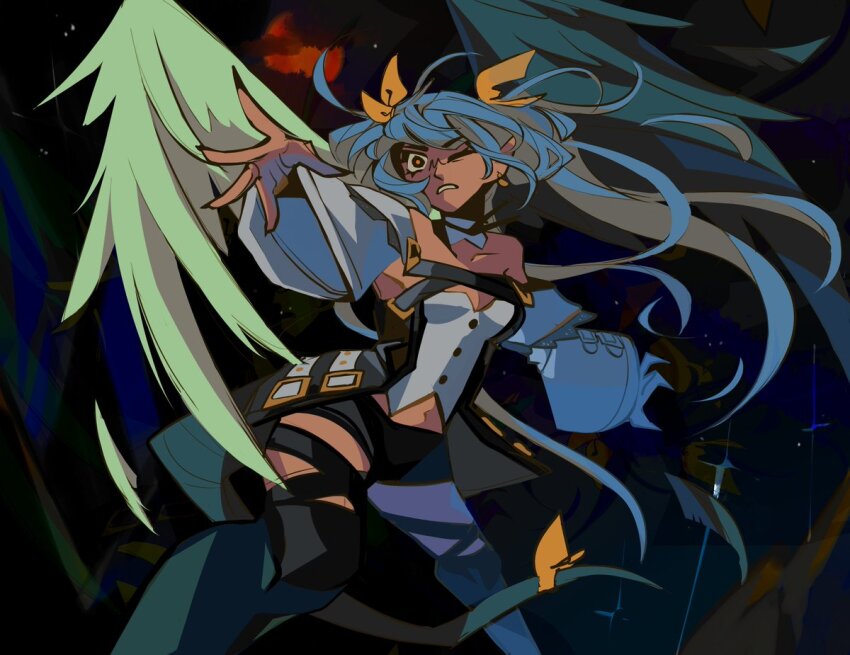 1girl angel_wings asymmetrical_wings blue_hair borcheim bow breasts choker cleavage detached_sleeves dizzy_(guilty_gear) fighting_stance guilty_gear guilty_gear_xrd hair_ribbon hair_rings long_hair monster_girl pointy_ears red_eyes ribbon solo tail tail_bow tail_ornament tail_ribbon thighhighs twintails wings yellow_ribbon