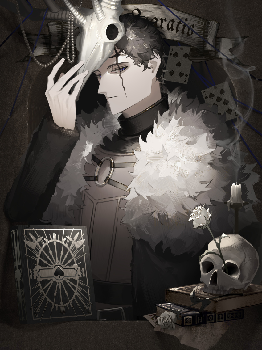 1boy absurdres animal_skull bad_id bad_twitter_id beads black_clover black_hair blue_eyes book book_stack candle candle_wax capelet coat deer_skull facial_mark five_of_spades flower frit_2 fur_capelet fur_coat grimoire highres looking_at_viewer rose seven_of_spades skull solo spade_(shape) white_flower white_rose zenon_zogratis
