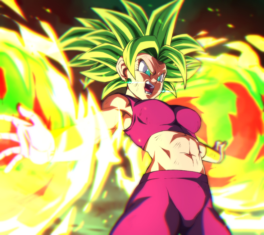 1girl abs battle_damage breasts crop_top dragon_ball dragon_ball_super earrings energy_blast green_eyes green_hair jewelry kefla_(dragon_ball) medium_breasts midriff muscular muscular_female navel obliques pants potara_earrings rom_(20) saiyan solo spiked_hair super_saiyan toned toned_female