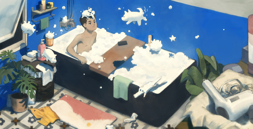 1boy bath bathroom bathtub black_eyes black_hair bubble bubble_bath choidomart clothes_on_floor creature dog elephant faucet floating hair_dryer highres male_focus original pig plant potted_plant shampoo shelf short_hair sitting smile solo star_(symbol) tile_floor tiles topless_male towel