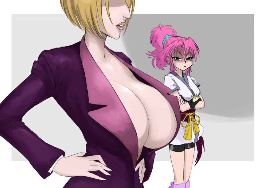 aquiline_nose breast_envy breasts clothes formal_clothes highres hunter_x_hunter jealous large_breasts looking_at_another machi_komacine non-web_source nose open_clothes open_shirt pakunoda pink_hair simple_background suit